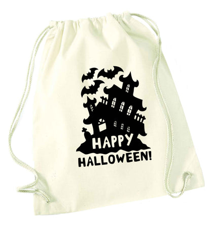 Happy halloween - haunted house natural drawstring bag