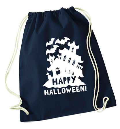 Happy halloween - haunted house navy drawstring bag
