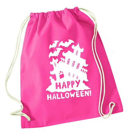 Happy halloween - haunted house pink drawstring bag