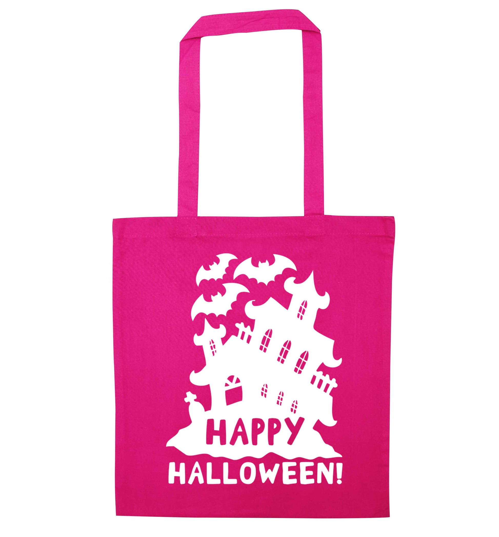 Happy halloween - haunted house pink tote bag