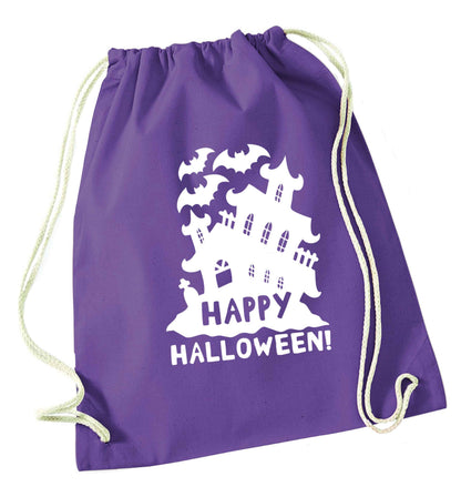 Happy halloween - haunted house purple drawstring bag