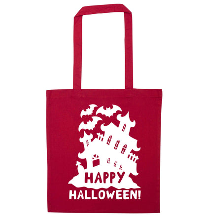 Happy halloween - haunted house red tote bag