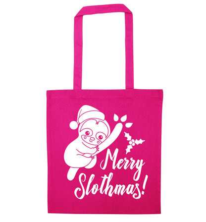Merry Slothmas pink tote bag