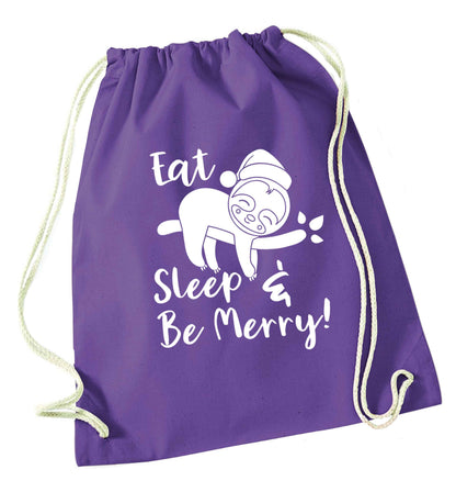 Merry Slothmas purple drawstring bag