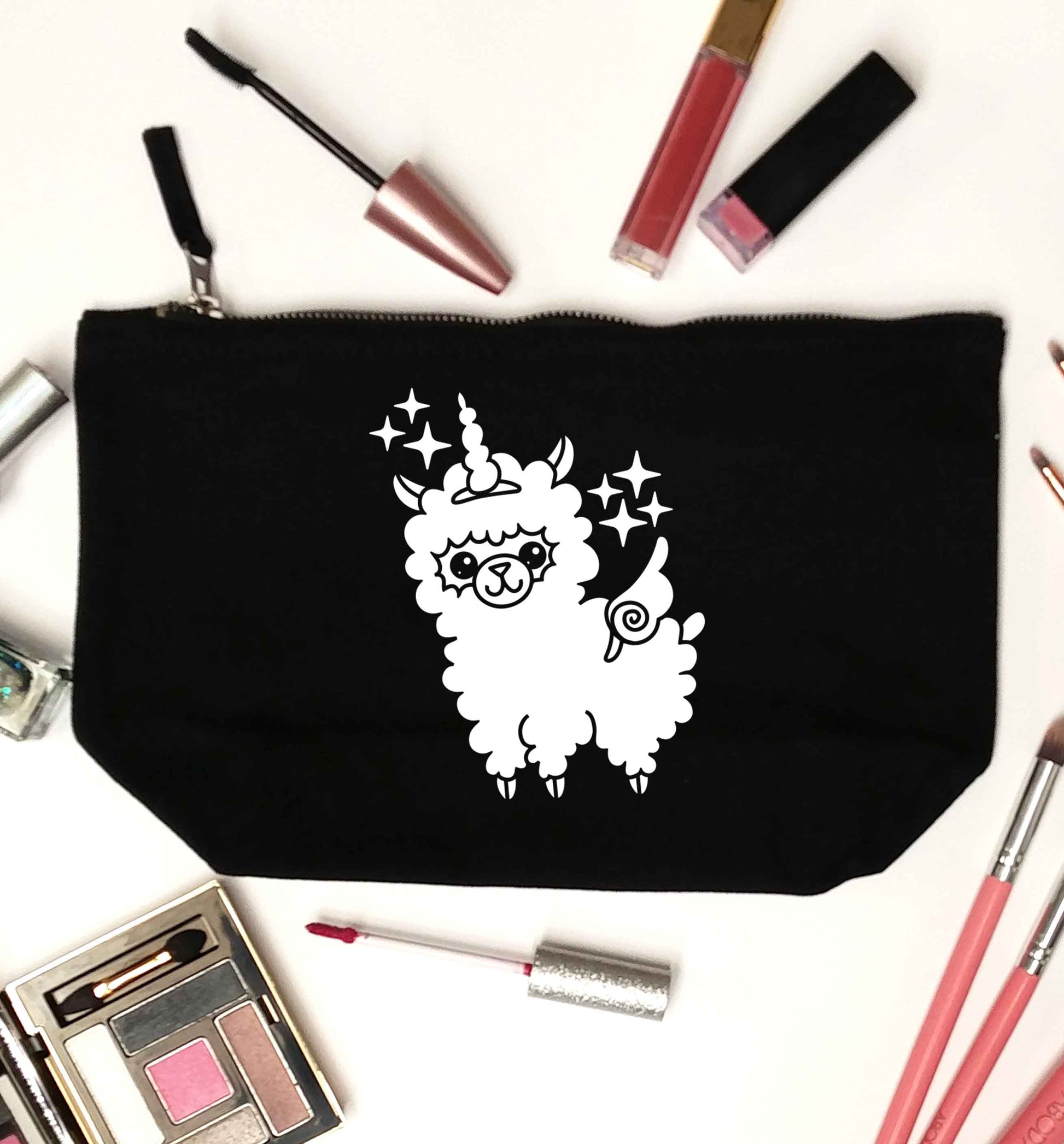 Llamacorn llama unicorn black makeup bag