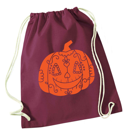 Pumpkin sugar skull maroon drawstring bag