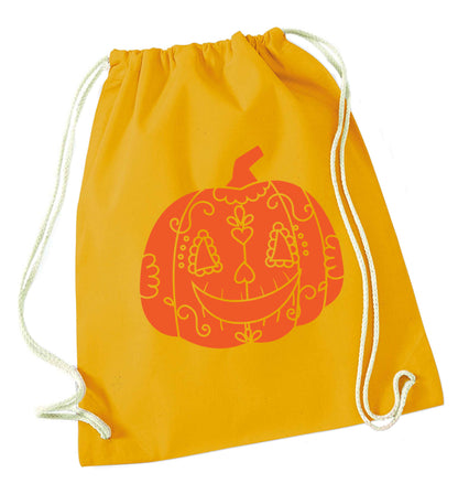 Pumpkin sugar skull mustard drawstring bag