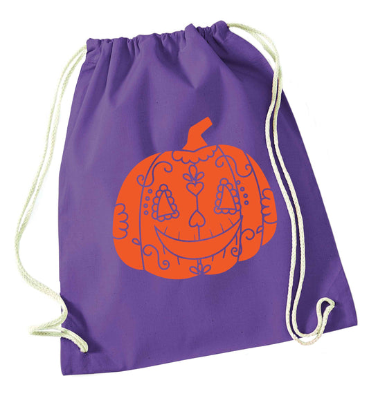 Pumpkin sugar skull purple drawstring bag