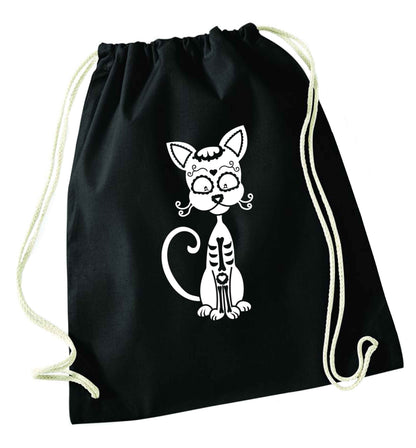 Cat sugar skull black drawstring bag