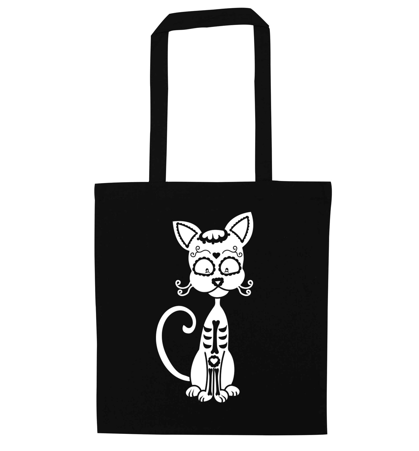 Cat sugar skull black tote bag