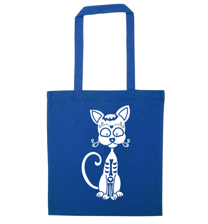 Cat sugar skull blue tote bag
