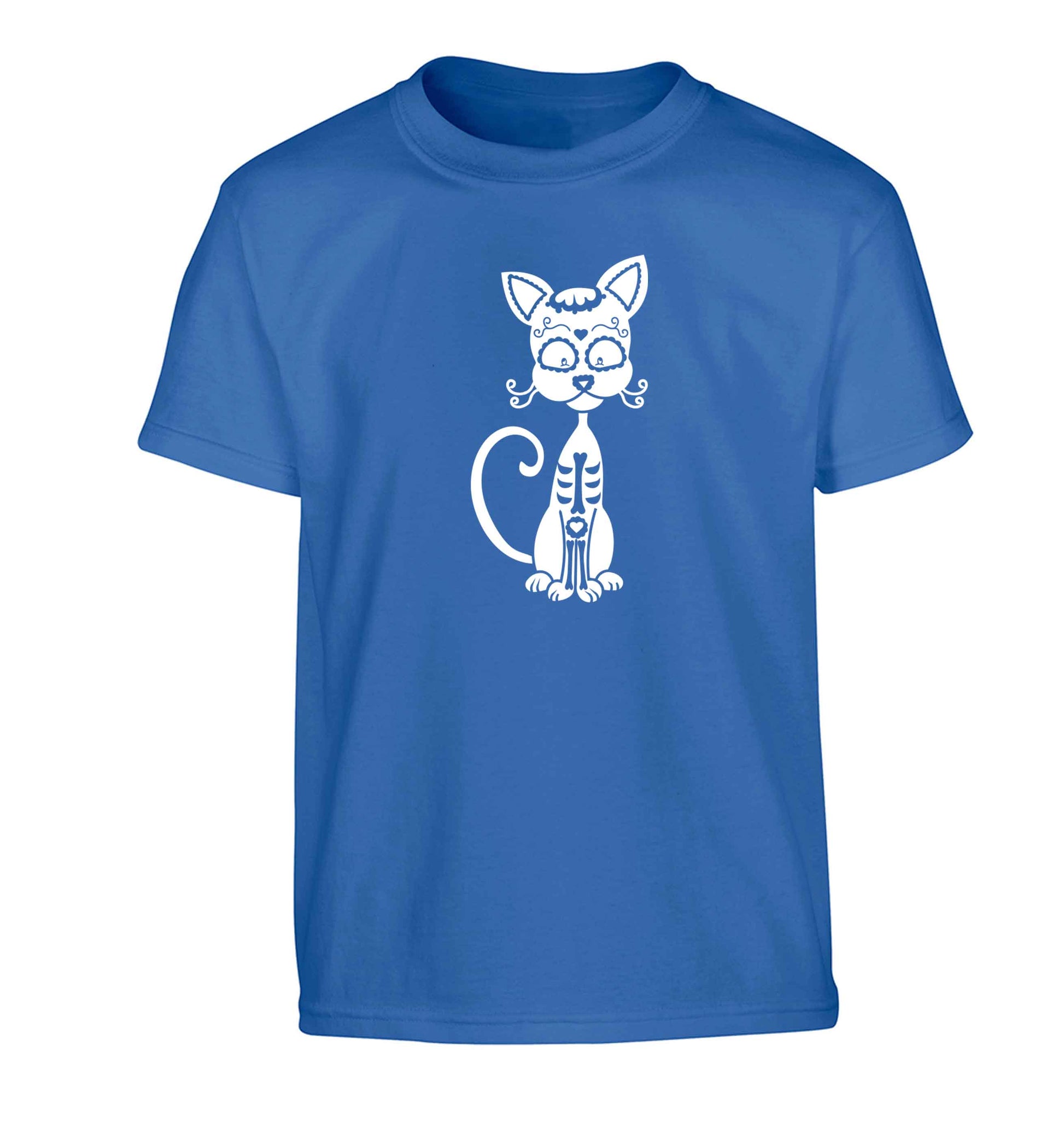 Cat sugar skull Children's blue Tshirt 12-13 Years