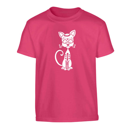 Cat sugar skull Children's pink Tshirt 12-13 Years