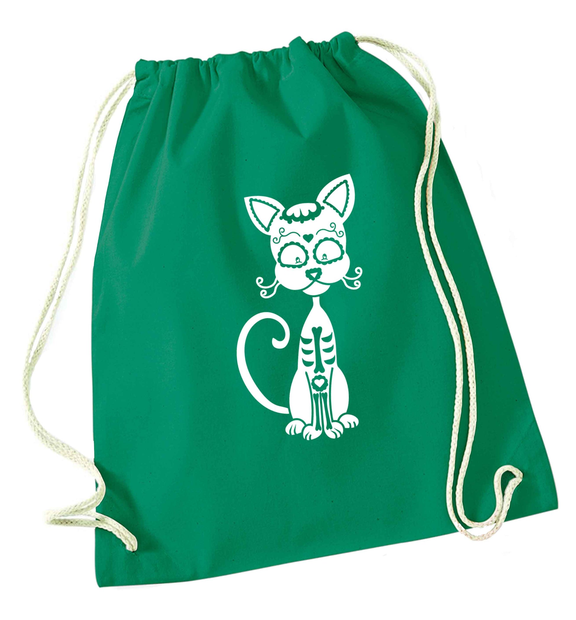 Cat sugar skull green drawstring bag