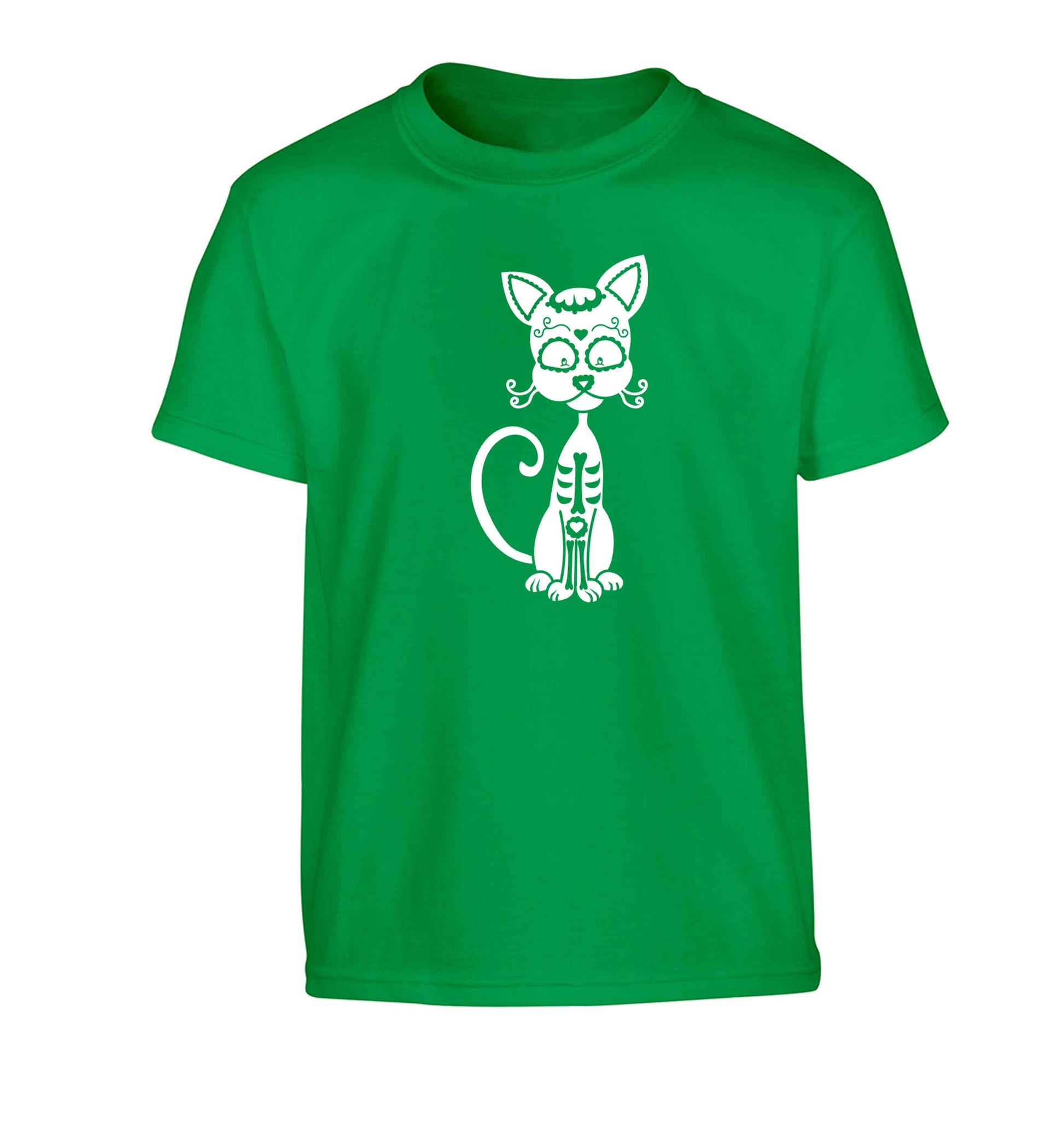 Cat sugar skull Children's green Tshirt 12-13 Years