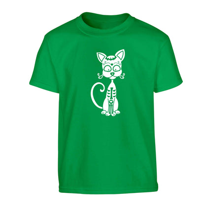 Cat sugar skull Children's green Tshirt 12-13 Years