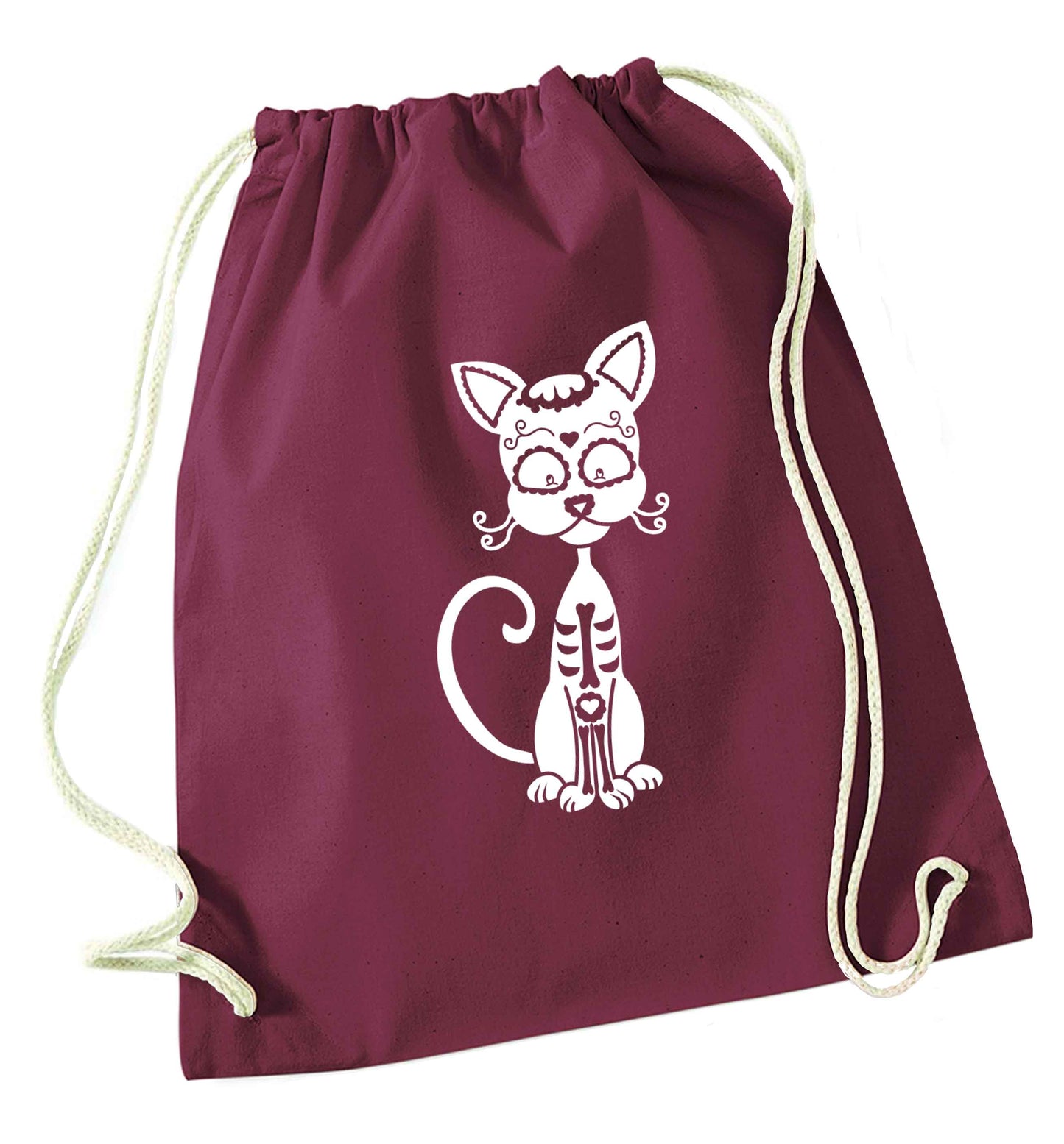 Cat sugar skull maroon drawstring bag