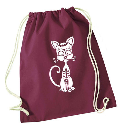 Cat sugar skull maroon drawstring bag