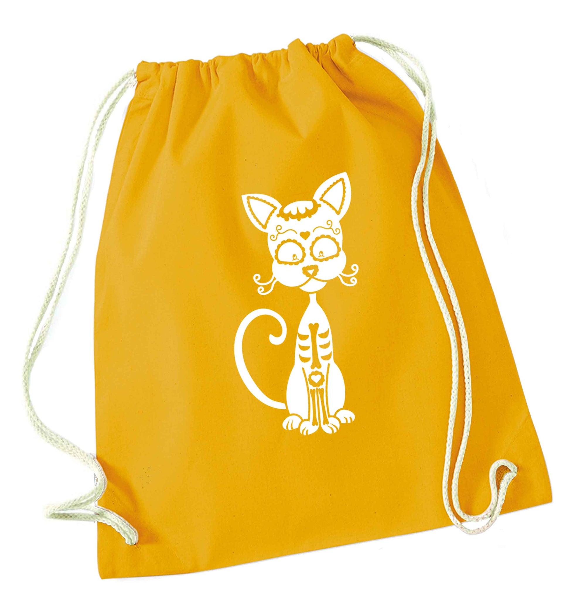Cat sugar skull mustard drawstring bag