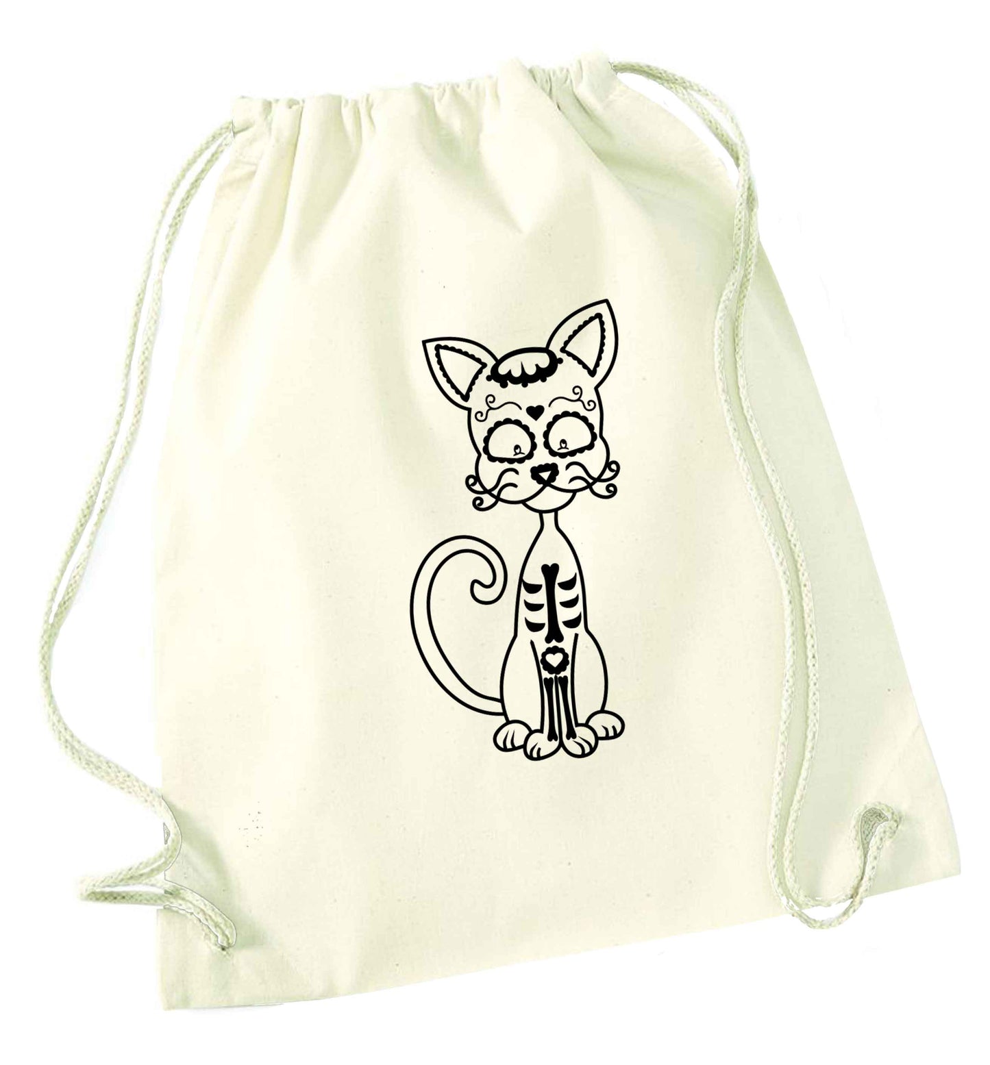 Cat sugar skull natural drawstring bag