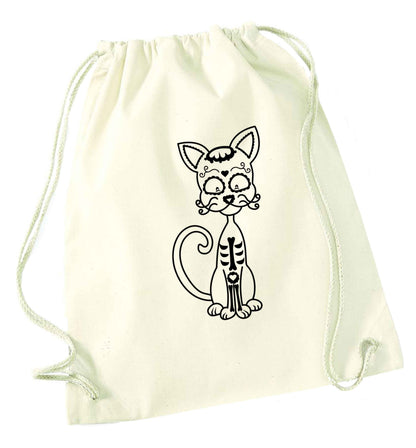 Cat sugar skull natural drawstring bag
