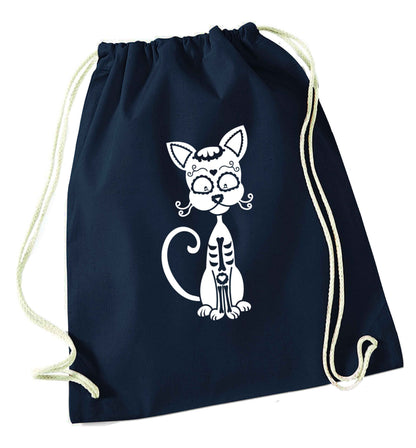 Cat sugar skull navy drawstring bag