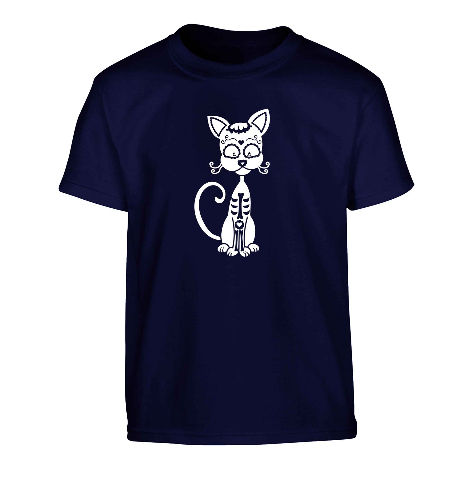 Cat sugar skull Children's navy Tshirt 12-13 Years