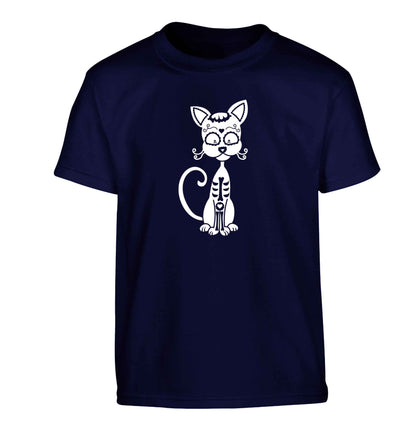 Cat sugar skull Children's navy Tshirt 12-13 Years