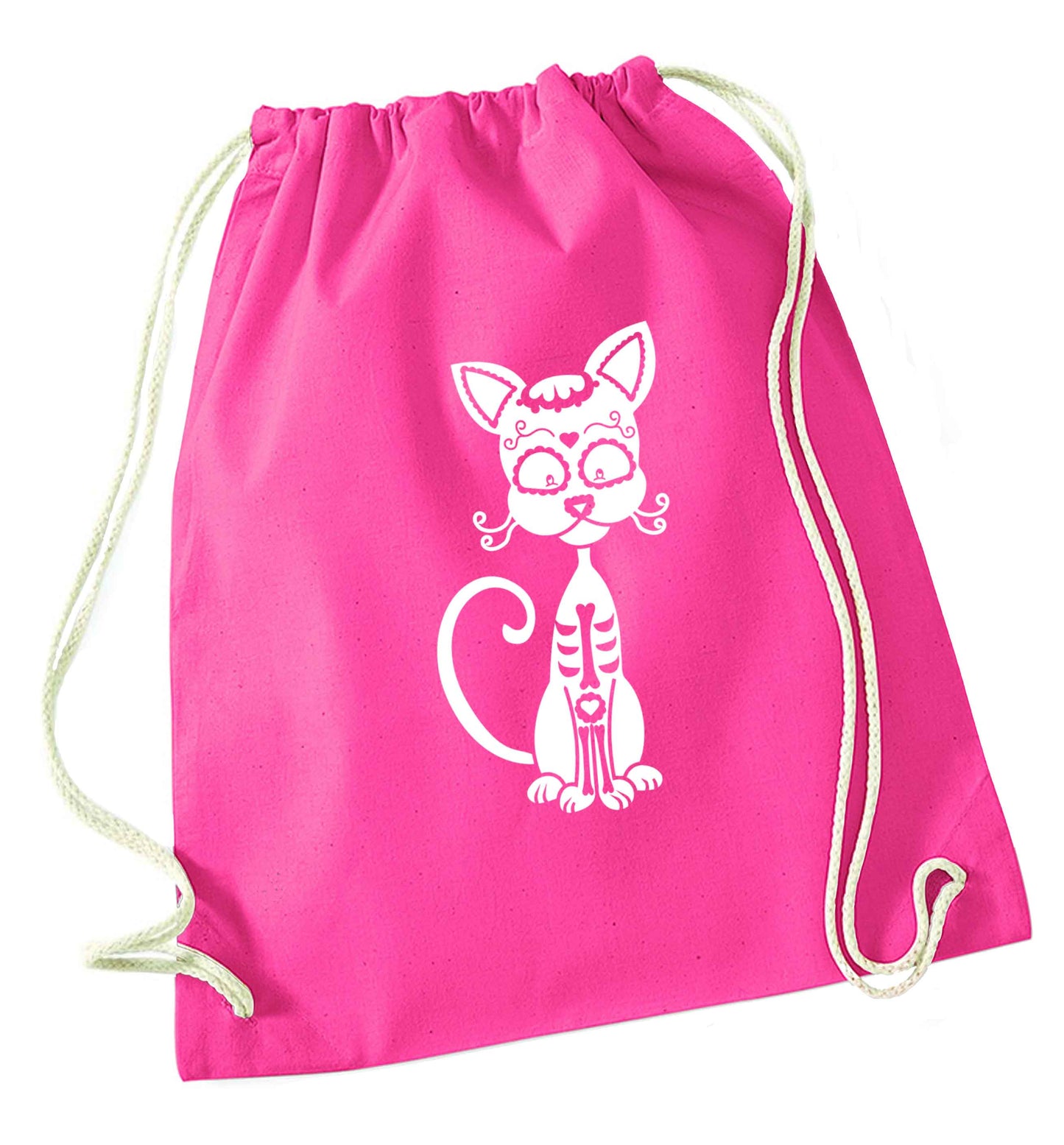 Cat sugar skull pink drawstring bag