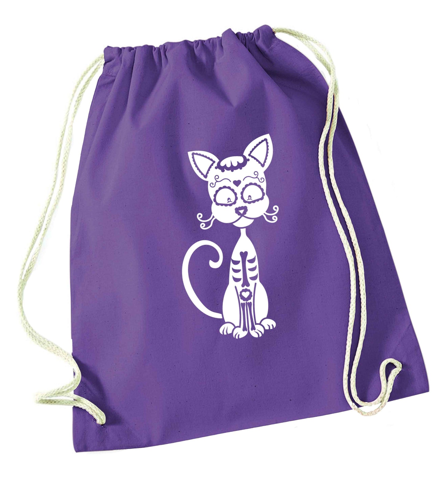 Cat sugar skull purple drawstring bag