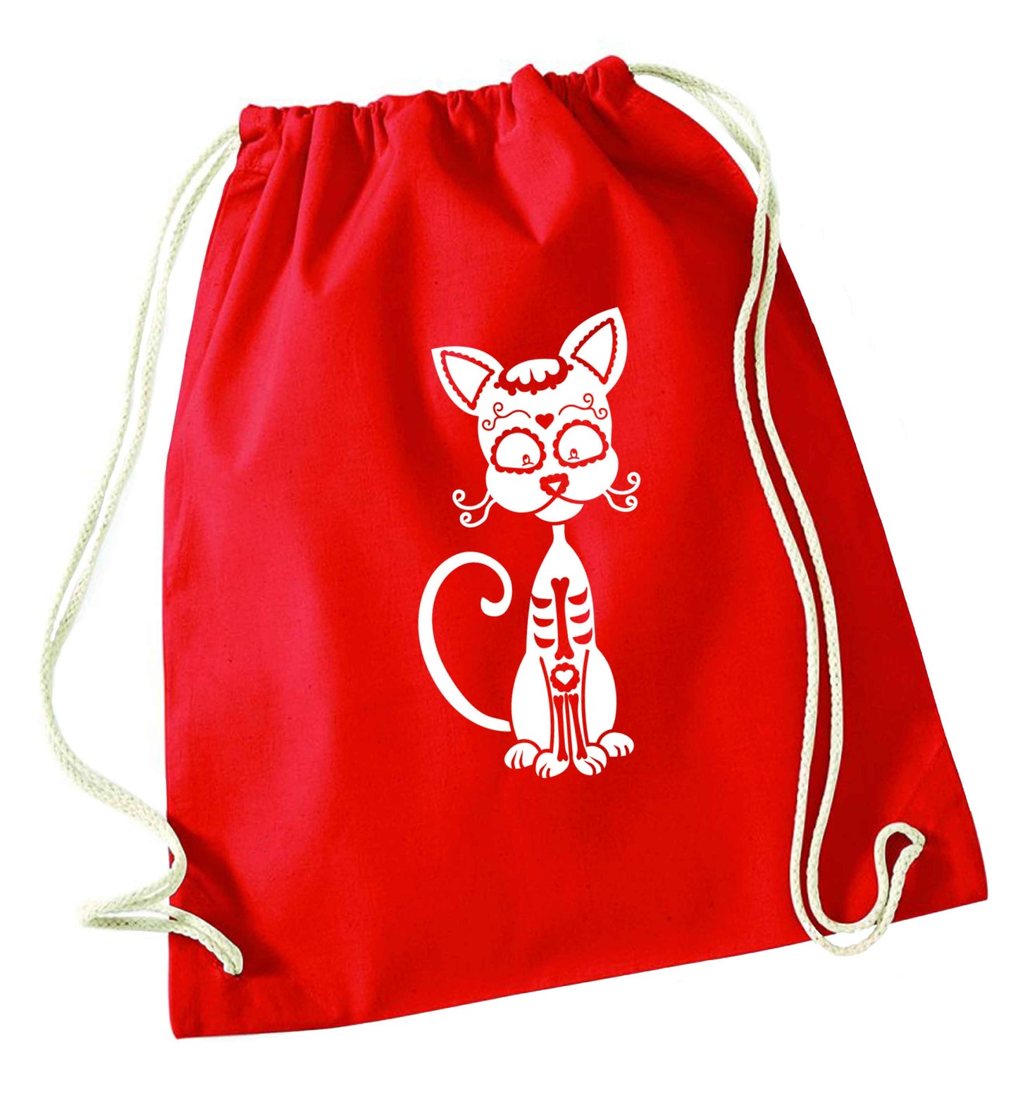 Cat sugar skull red drawstring bag 