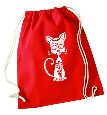 Cat sugar skull red drawstring bag 