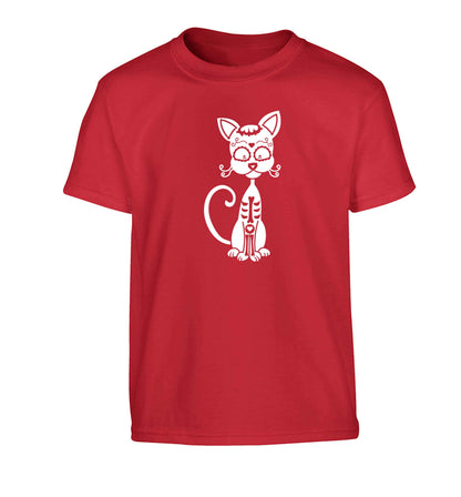 Cat sugar skull Children's red Tshirt 12-13 Years