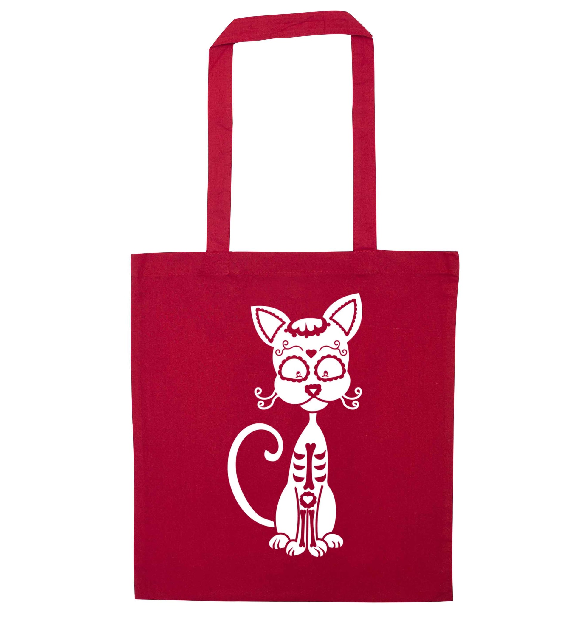 Cat sugar skull red tote bag
