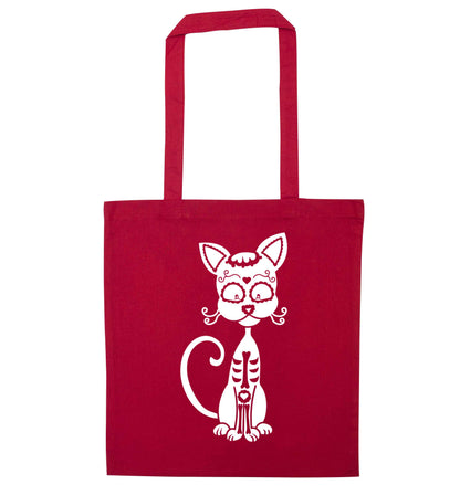 Cat sugar skull red tote bag