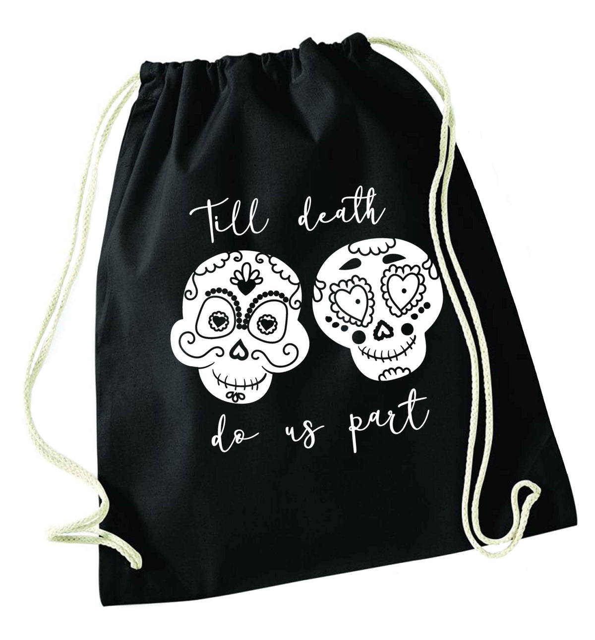Till death do us part sugar skulls black drawstring bag