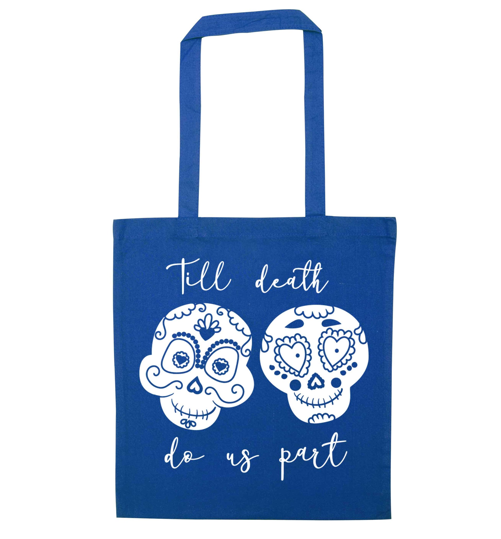 Till death do us part sugar skulls blue tote bag