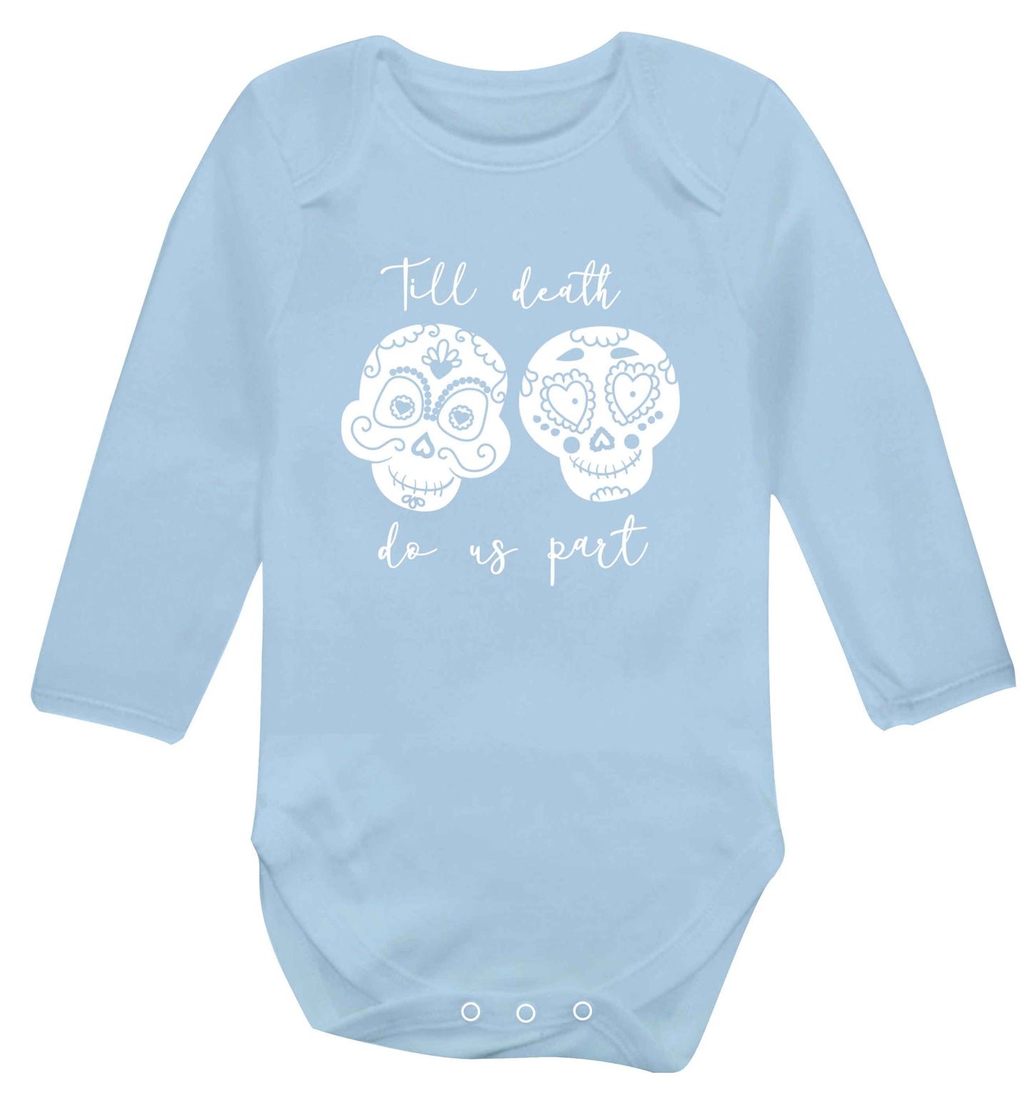 Till death do us part sugar skulls baby vest long sleeved pale blue 6-12 months