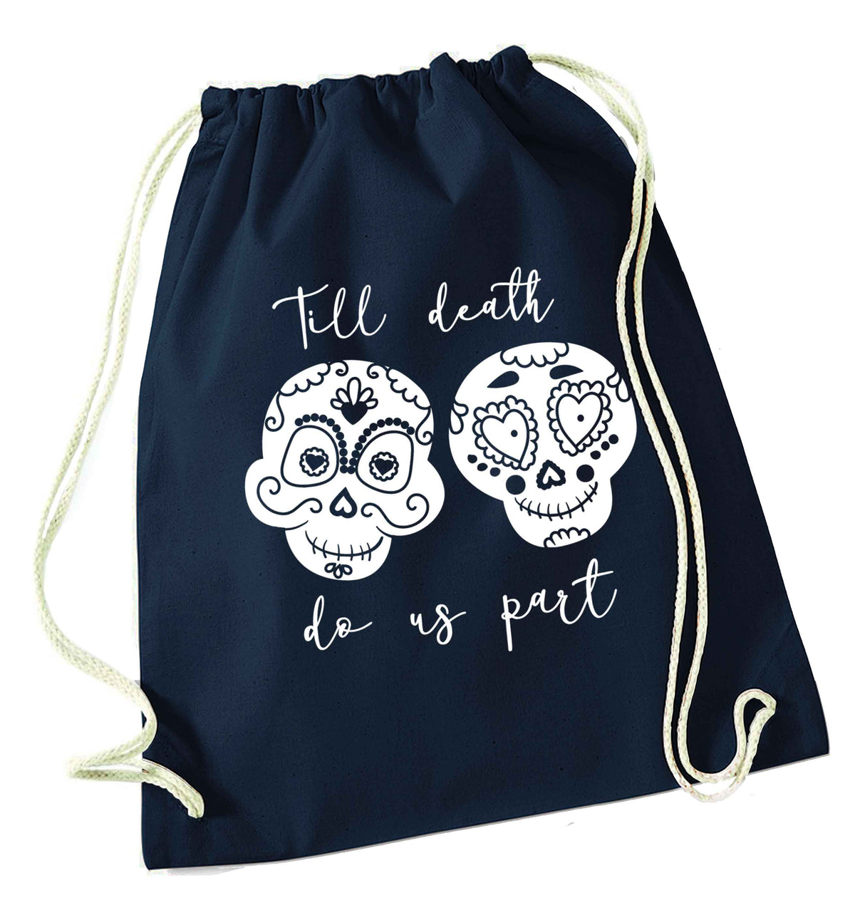 Till death do us part sugar skulls navy drawstring bag