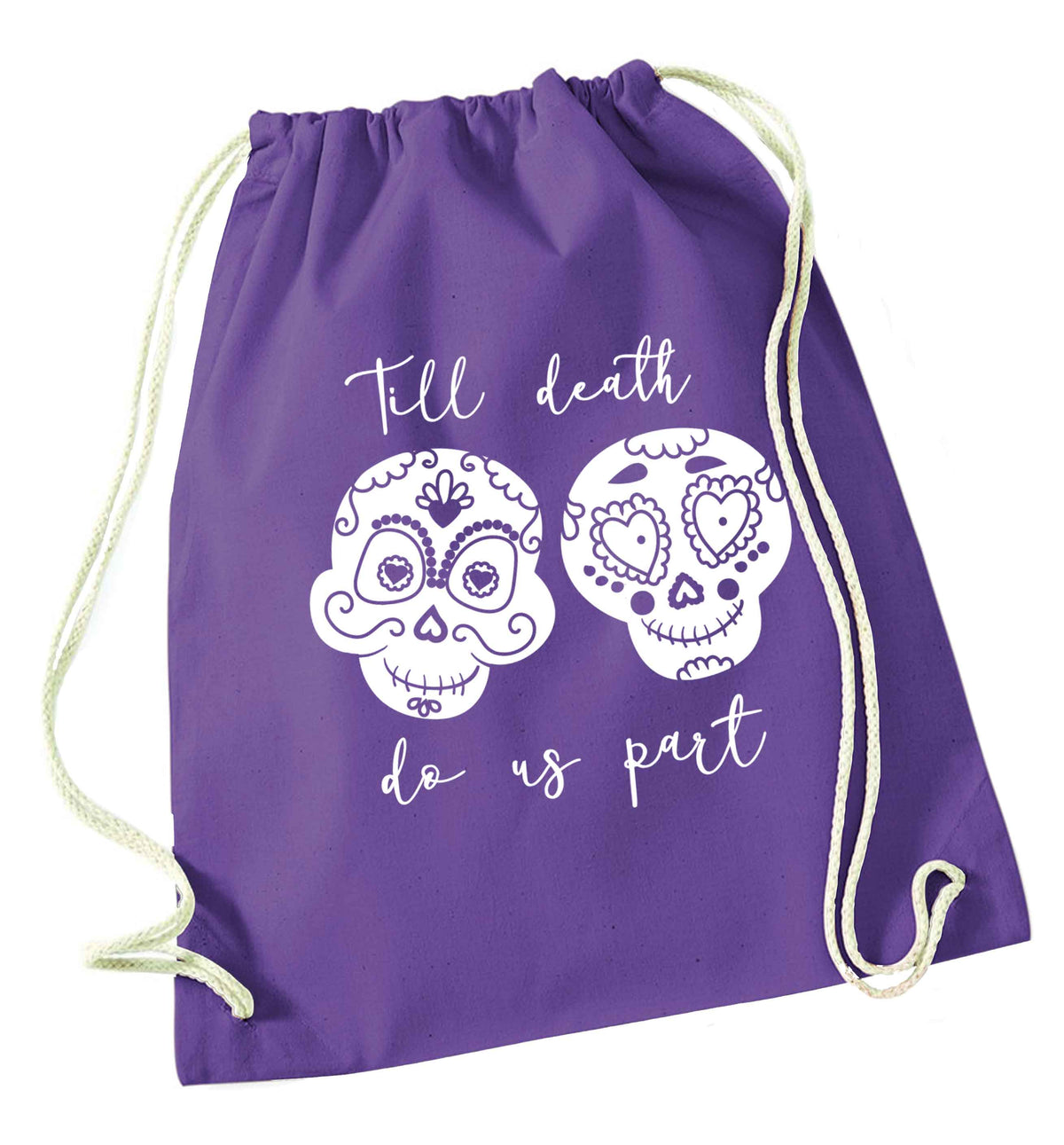 Till death do us part sugar skulls purple drawstring bag