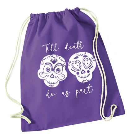 Till death do us part sugar skulls purple drawstring bag