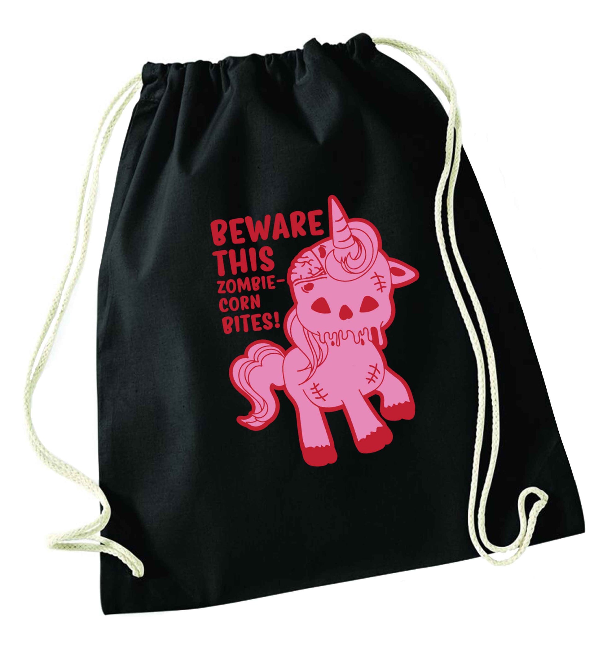 Beware this zombiecorn bites black drawstring bag