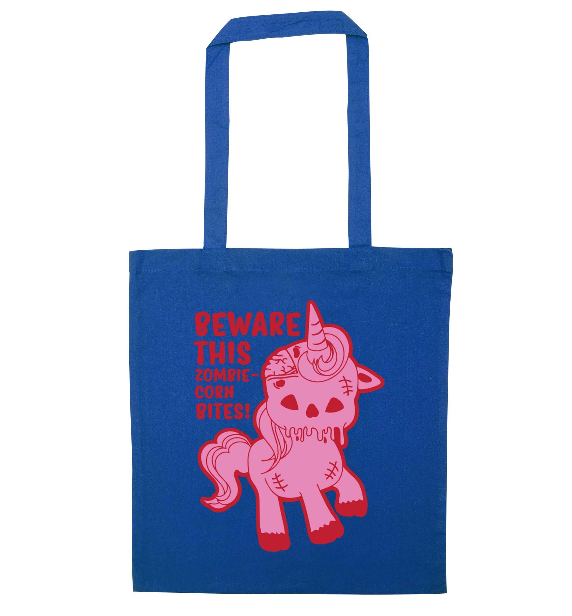 Beware this zombiecorn bites blue tote bag