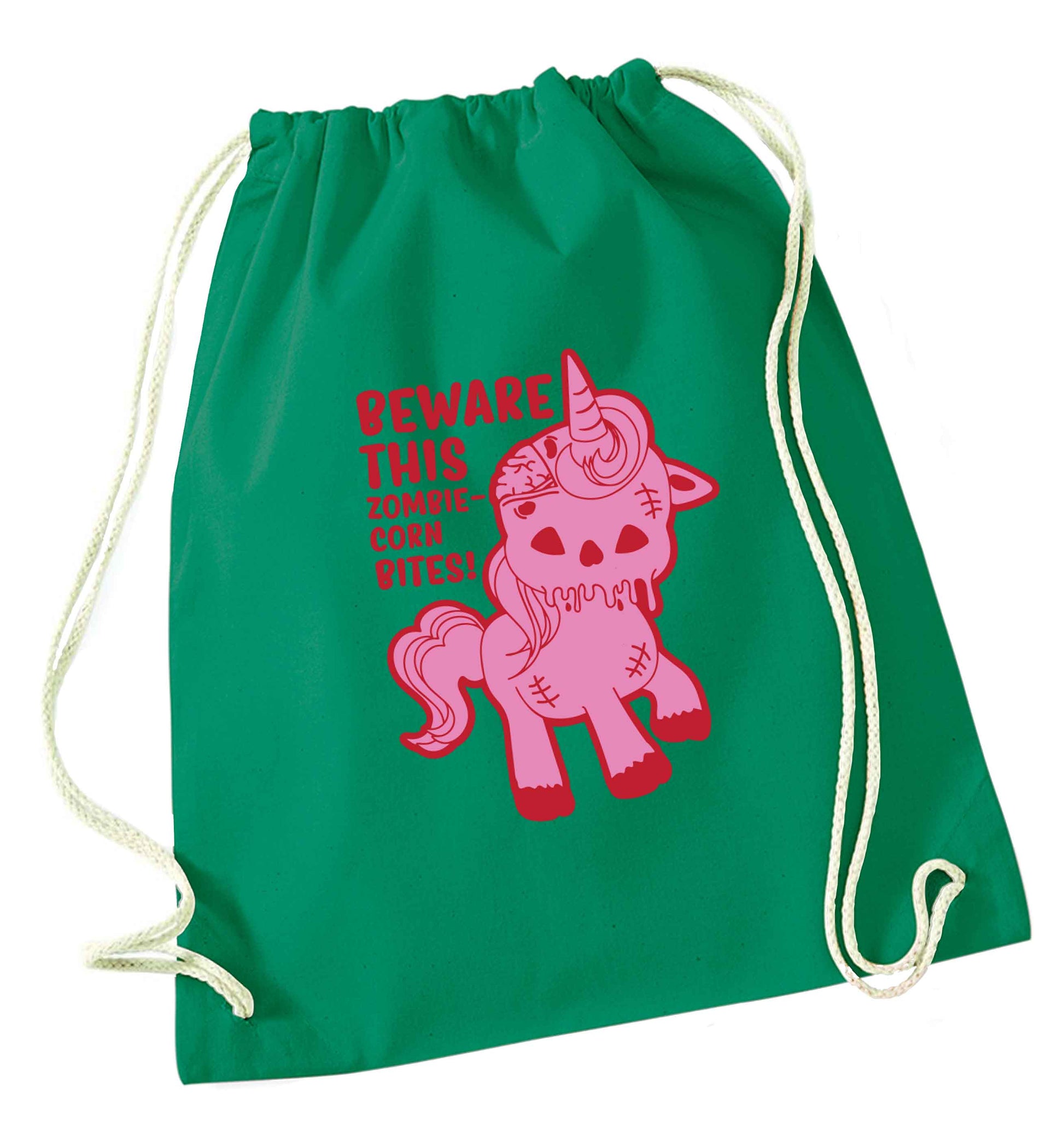 Beware this zombiecorn bites green drawstring bag