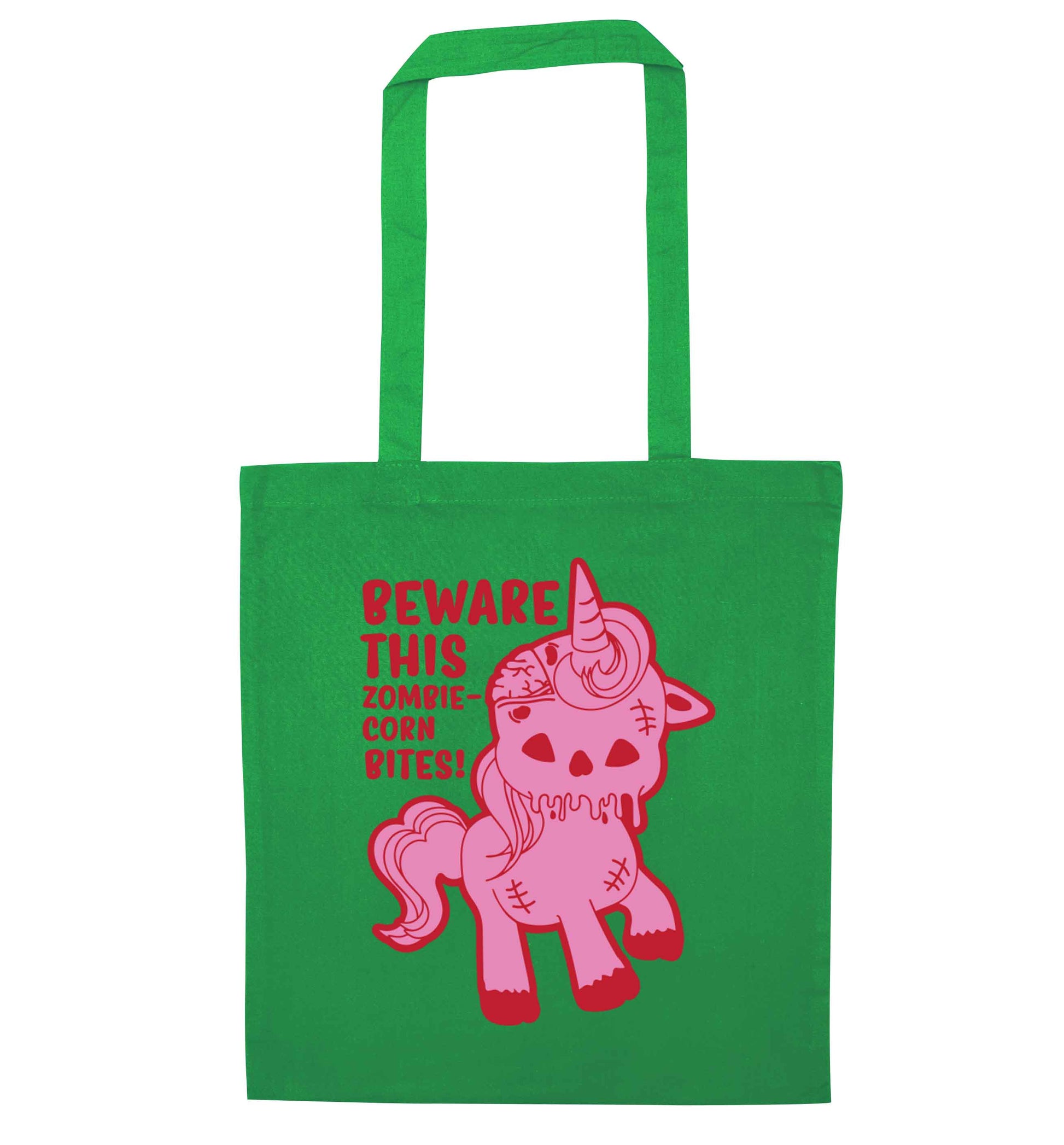 Beware this zombiecorn bites green tote bag