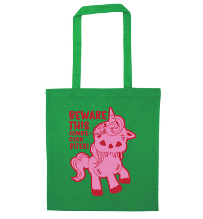 Beware this zombiecorn bites green tote bag