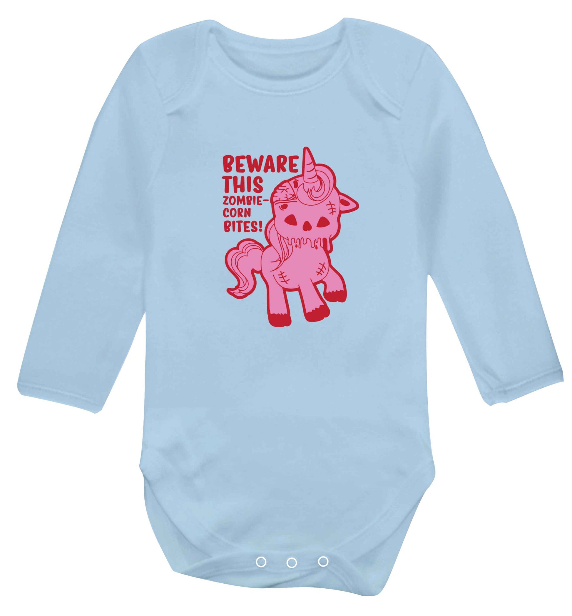 Beware this zombiecorn bites baby vest long sleeved pale blue 6-12 months