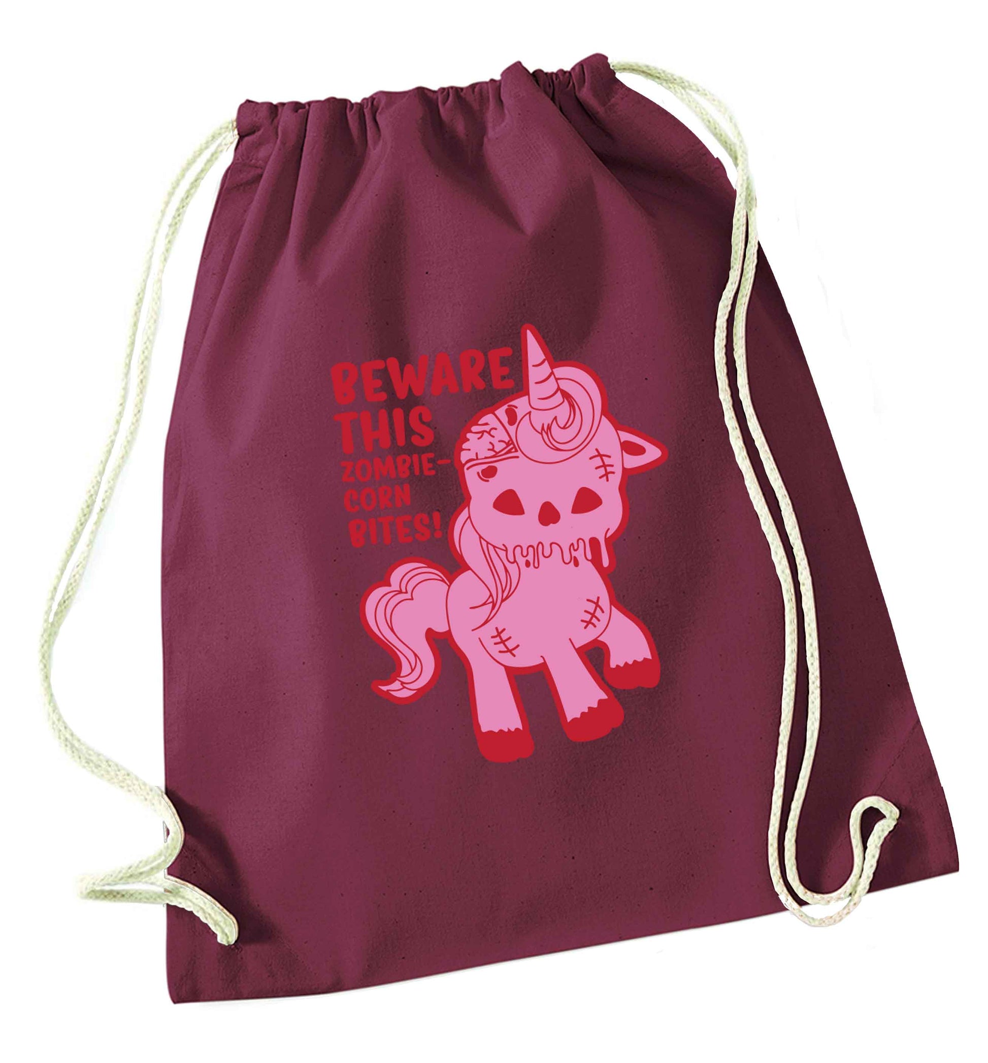 Beware this zombiecorn bites maroon drawstring bag