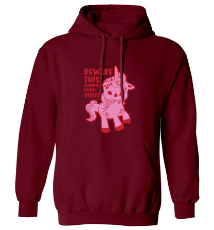 Beware this zombiecorn bites adults unisex maroon hoodie 2XL