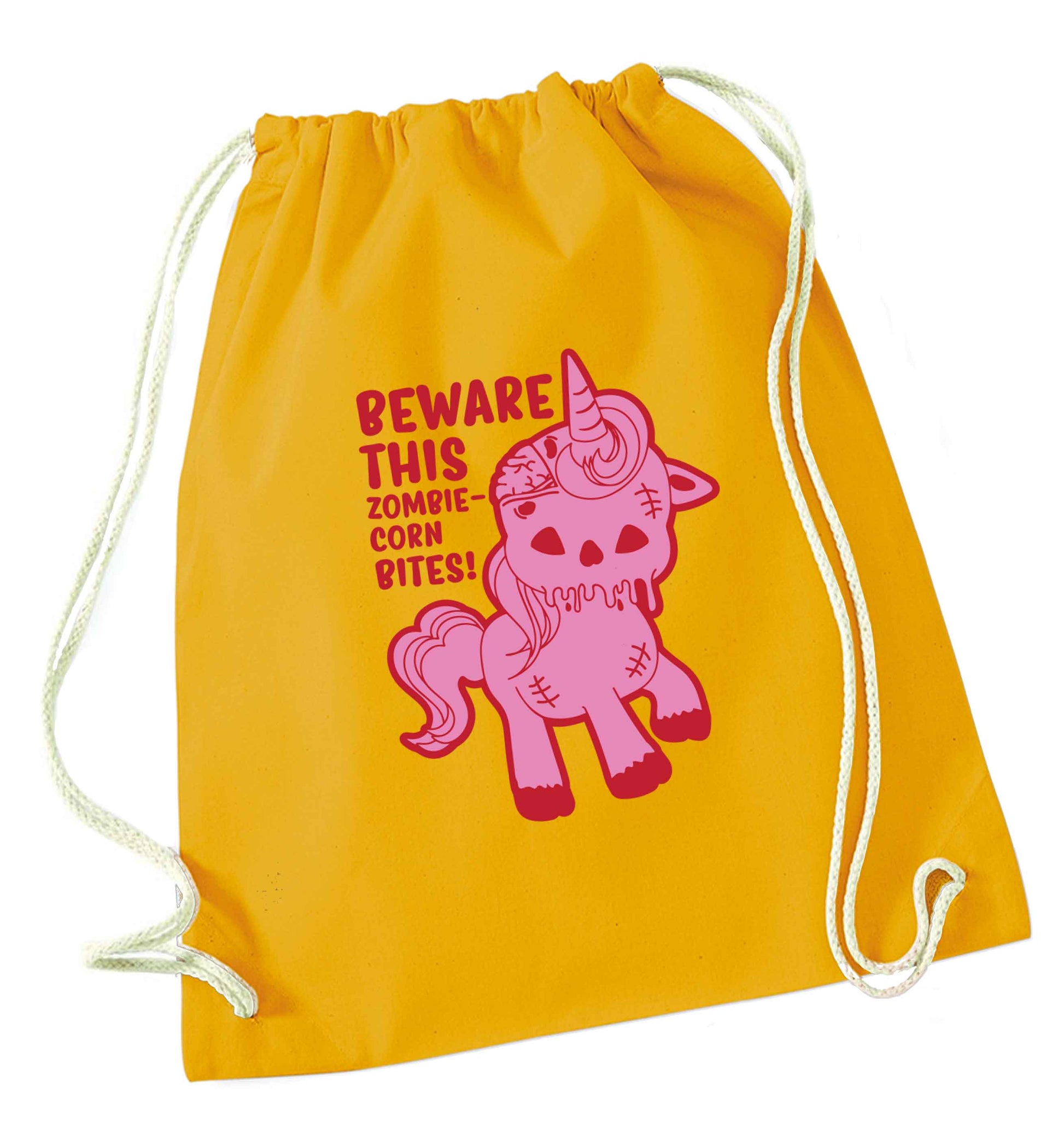 Beware this zombiecorn bites mustard drawstring bag